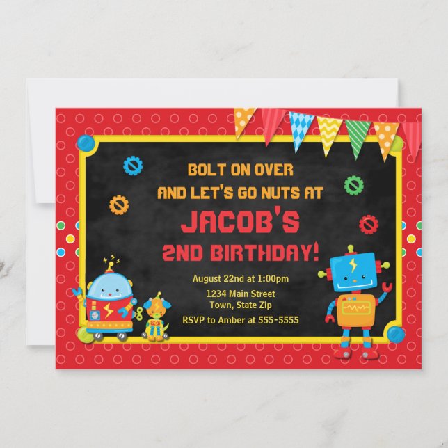 Robot Birthday Invitation Robot Party Invite (Front)