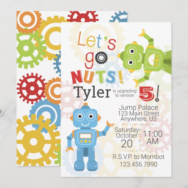 Robot Birthday Invitations Robots Birthday Party (Front/Back)