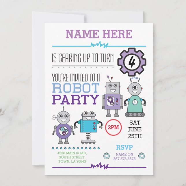 ROBOT Birthday Party Blue Gears Cogs Robots Invite (Front)