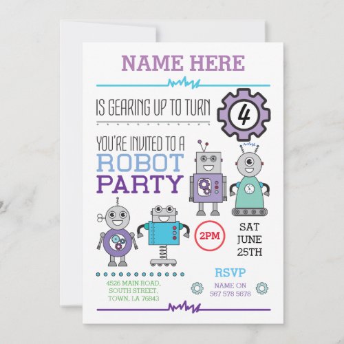 ROBOT Birthday Party Blue Gears Cogs Robots Invite