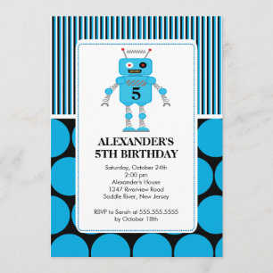 Robot Birthday Party Invitation Blue / Black