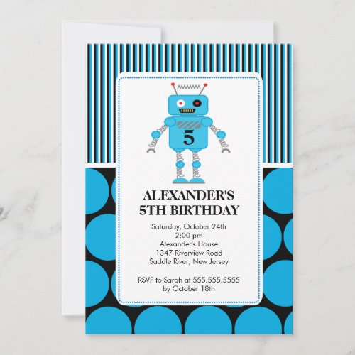 Robot Birthday Party Invitation Blue  Black