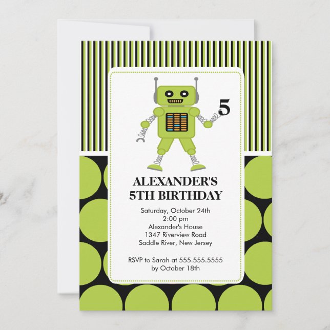 Robot Birthday Party Invitation Lime / Black (Front)