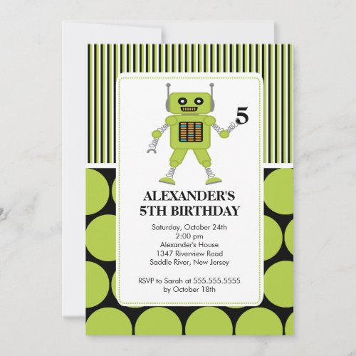 Robot Birthday Party Invitation Lime  Black