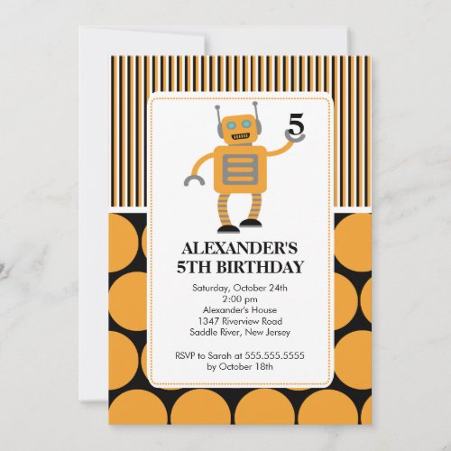 Robot Birthday Party Invitation Orange  Black