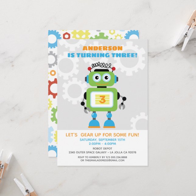Robot Birthday Party Invitation - Wil•Bot Beep Bop (Front/Back In Situ)