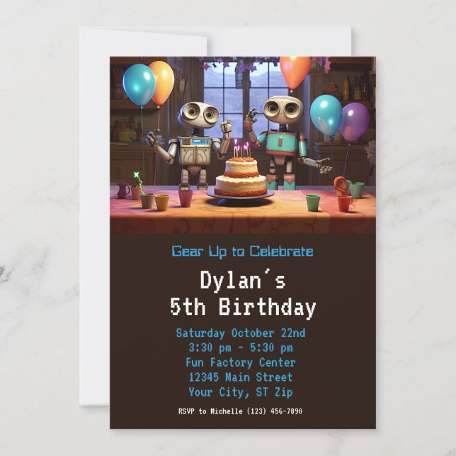 Robot Birthday Party Invitations Digital Download (Front)