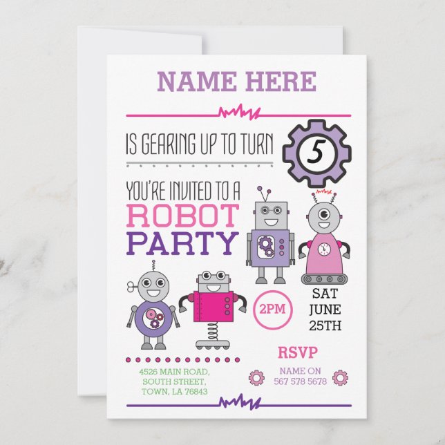 ROBOT Birthday Party Pink Gears Cogs Robots Invite (Front)