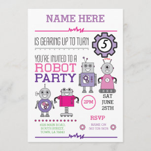 ROBOT Birthday Party Pink Gears Cogs Robots Invite