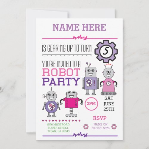 ROBOT Birthday Party Pink Gears Cogs Robots Invite