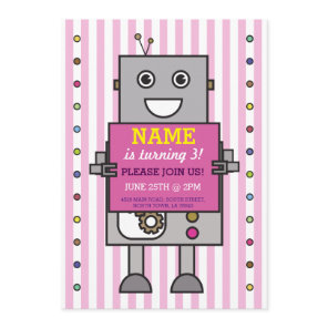 ROBOT Birthday Party Pink Stripe Girls Invitation