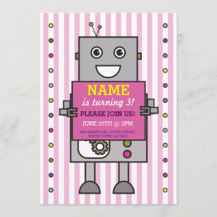 ROBOT Birthday Party Pink Stripe Girls Invitation