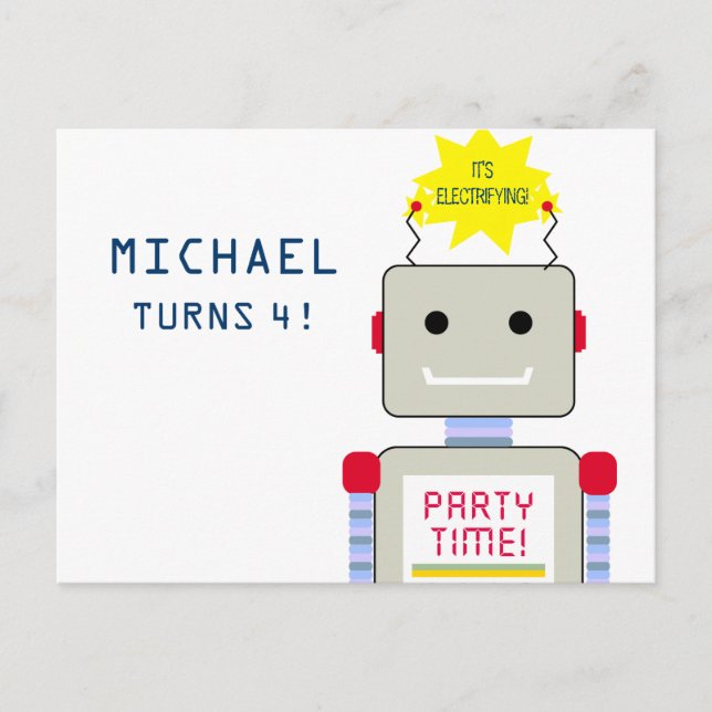 Robot Birthday Party, Postcard Invitations (Front)