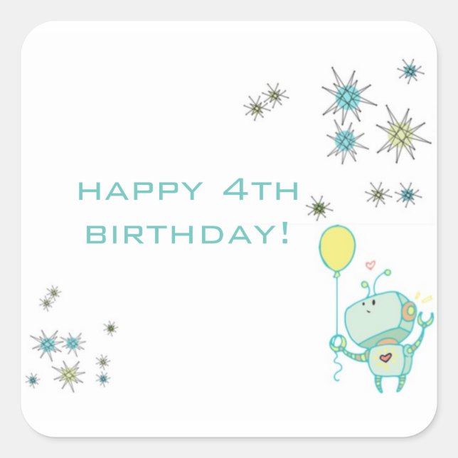 robot birthday party square sticker (Front)