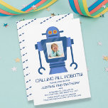 Robot Birthday Party Theme Boy Photo Invitation<br><div class="desc">Celebrate your birthday kid with this fun Robot themed invitation featuring his/her photo framed by a blue robot.  Add your party details to customize further.</div>