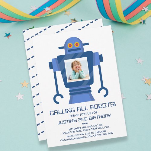 Robot Birthday Party Theme Boy Photo Invitation