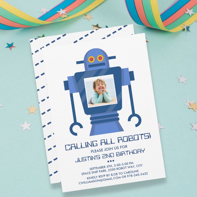Robot Birthday Party Theme Boy Photo Invitation (Creator Uploaded)