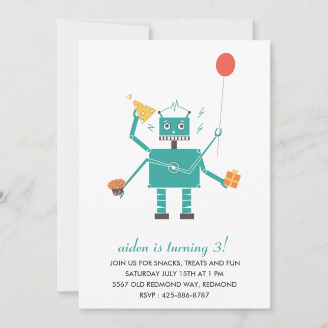 Robot Bleep Bleep Kid's Birthday Party Invitation (Front)