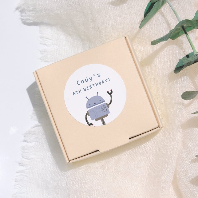 Robot Blue Birthday Party Classic Round Sticker (Creator Uploaded)