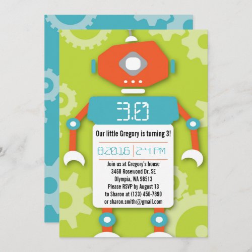 Robot Boy Themed Birthday Party Invitation