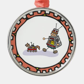 Robot Boy With Robot Cat Artwork Metal Ornament by artisticcats at Zazzle