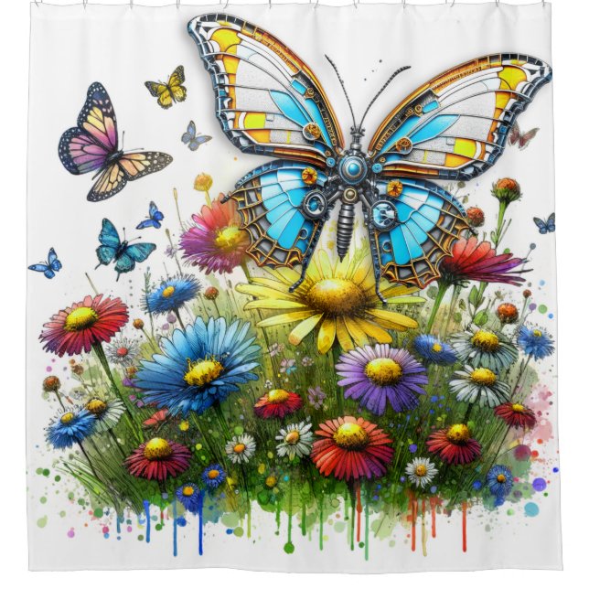 Robot Butterfly and Wildflowers Shower Curtain (Front)