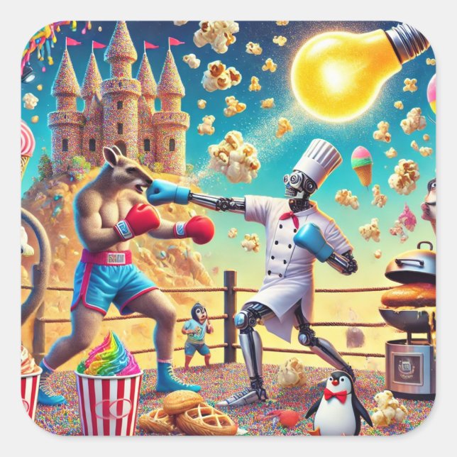 Robot Chef vs. Kangaroo Boxer Showdown Square Sticker (Front)