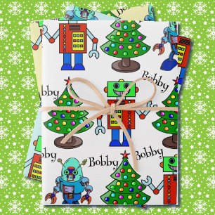 Robot Christmas Add Boy's Name 3 Cute Wrapping Paper Sheets