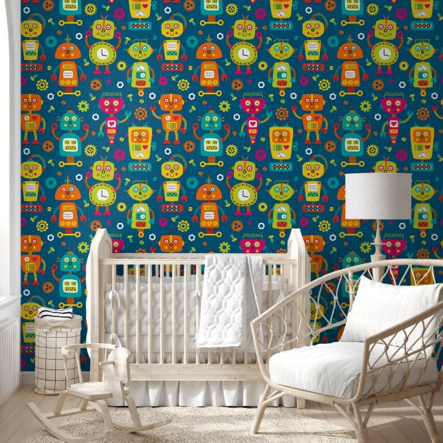 Robot Colorful Fun Blue Green Orange Pattern Wallpaper (Kids)