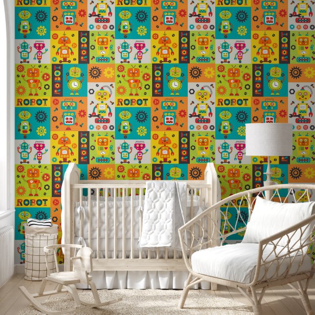 Robot Colorful Fun Orange Green Yellow Pattern Wallpaper (Kids)