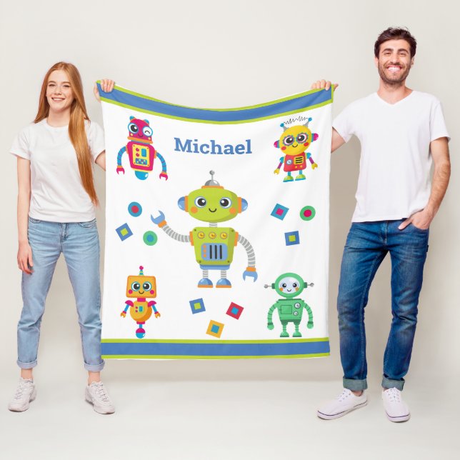 Robot Cool Name Blue Green Kids Fleece Blanket (In Situ)