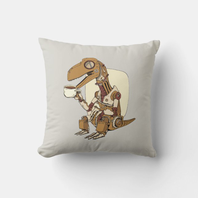 Robot Dinosaur Drinking Coffee Throw Pillow (Front)