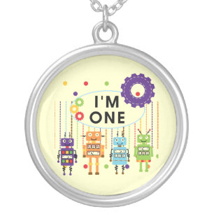 Robot First Birthday Tshirts and Gifts Silver Plated Necklace