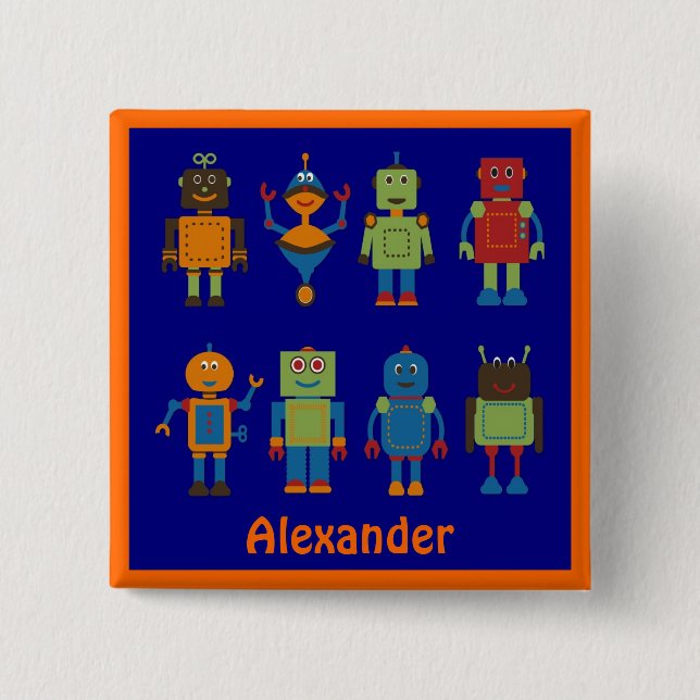 Robot Friends Child's Personalized Square Button (Front)