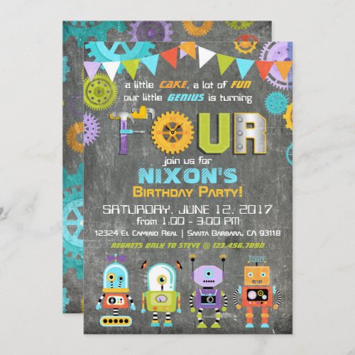 Robot Genius Gears Tools Chalkboard Birthday Invitation