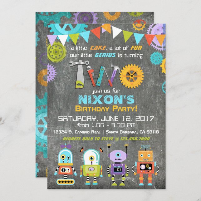 Robot Genius Gears Tools Chalkboard Birthday Invitation (Front/Back)
