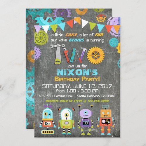 Robot Genius Gears Tools Chalkboard Birthday Invitation