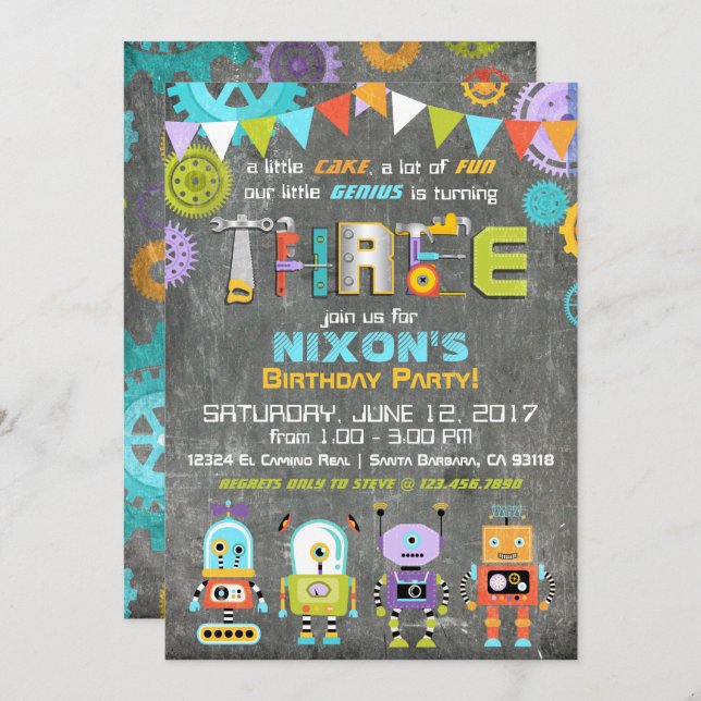 Robot Genius Gears Tools Chalkboard Birthday Invitation (Front/Back)