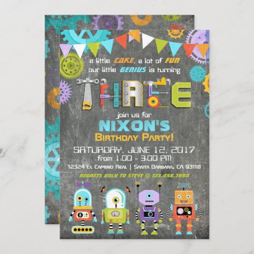 Robot Genius Gears Tools Chalkboard Birthday Invitation