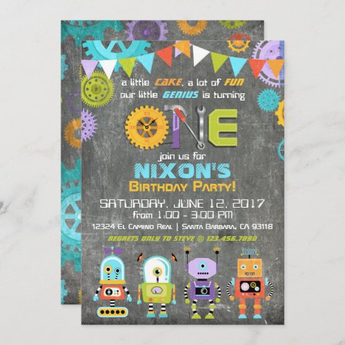 Robot Genius Gears Tools Chalkboard Birthday Invitation