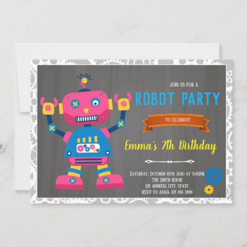 Robot girl birthday invitation