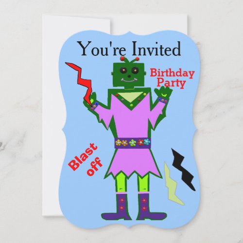 Robot Girl Blast Off and Stars Birthday Party Invitation