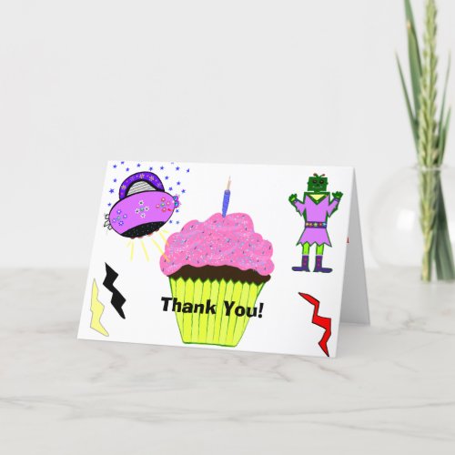 Robot Girl Pink Cupcake Birthday Thank You Card