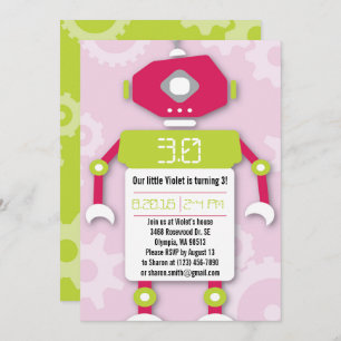 Robot Girl Themed Birthday Party Invitation