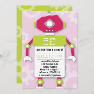 Robot Girl Themed Birthday Party Invitation