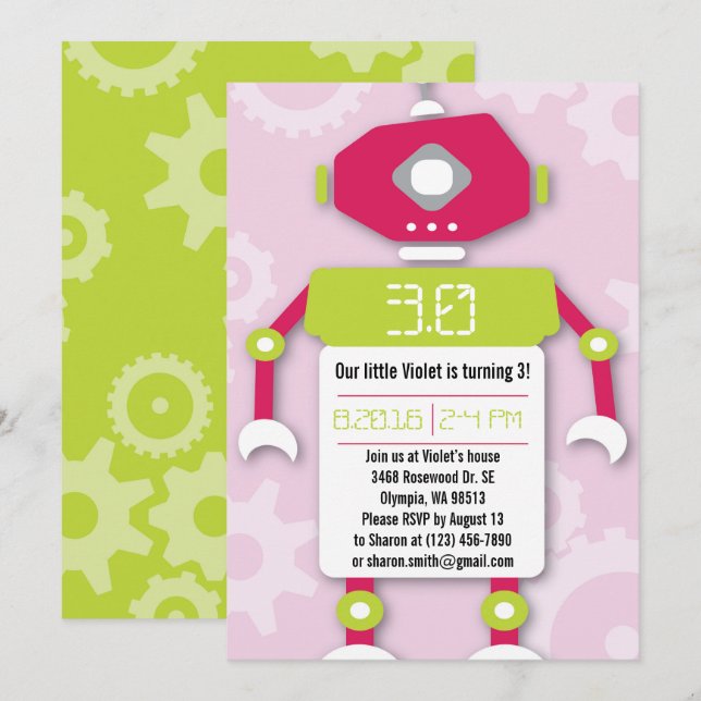 Robot Girl Themed Birthday Party Invitation (Front/Back)