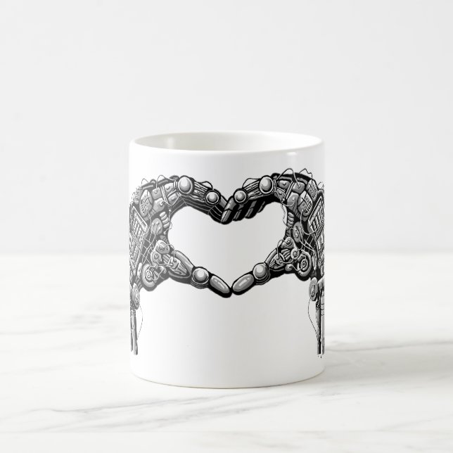 Robot hands make heart shape coffee mug (Center)