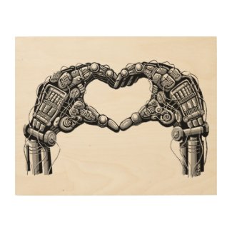 Robot hands make heart shape wood wall art