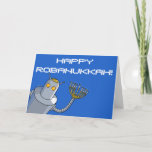 Robot Hanukkah! Holiday Card<br><div class="desc">This card is for your Jewish friends. Or robot friends. Or Jewish robot friends. It depicts a robot with a boted-on yarmulke and a menorah for a hand. The background is bright blue, with the words "Happy Robanukkah!" in white letters - you can totally delete or change caption if you...</div>