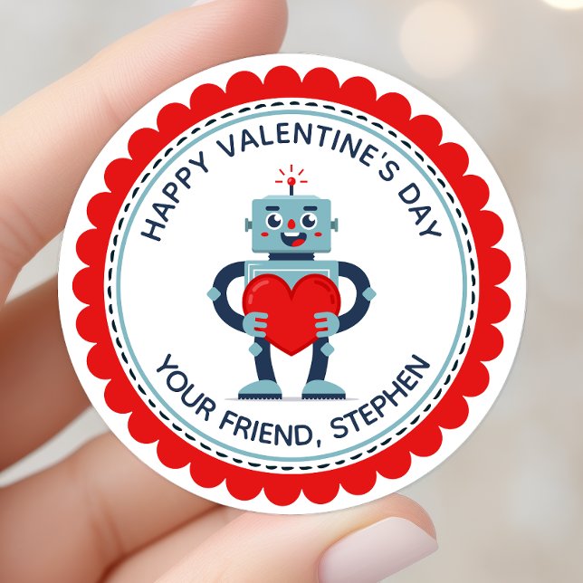 Robot Heart Cute Personalized Valentine Classic Round Sticker (Creator Uploaded)